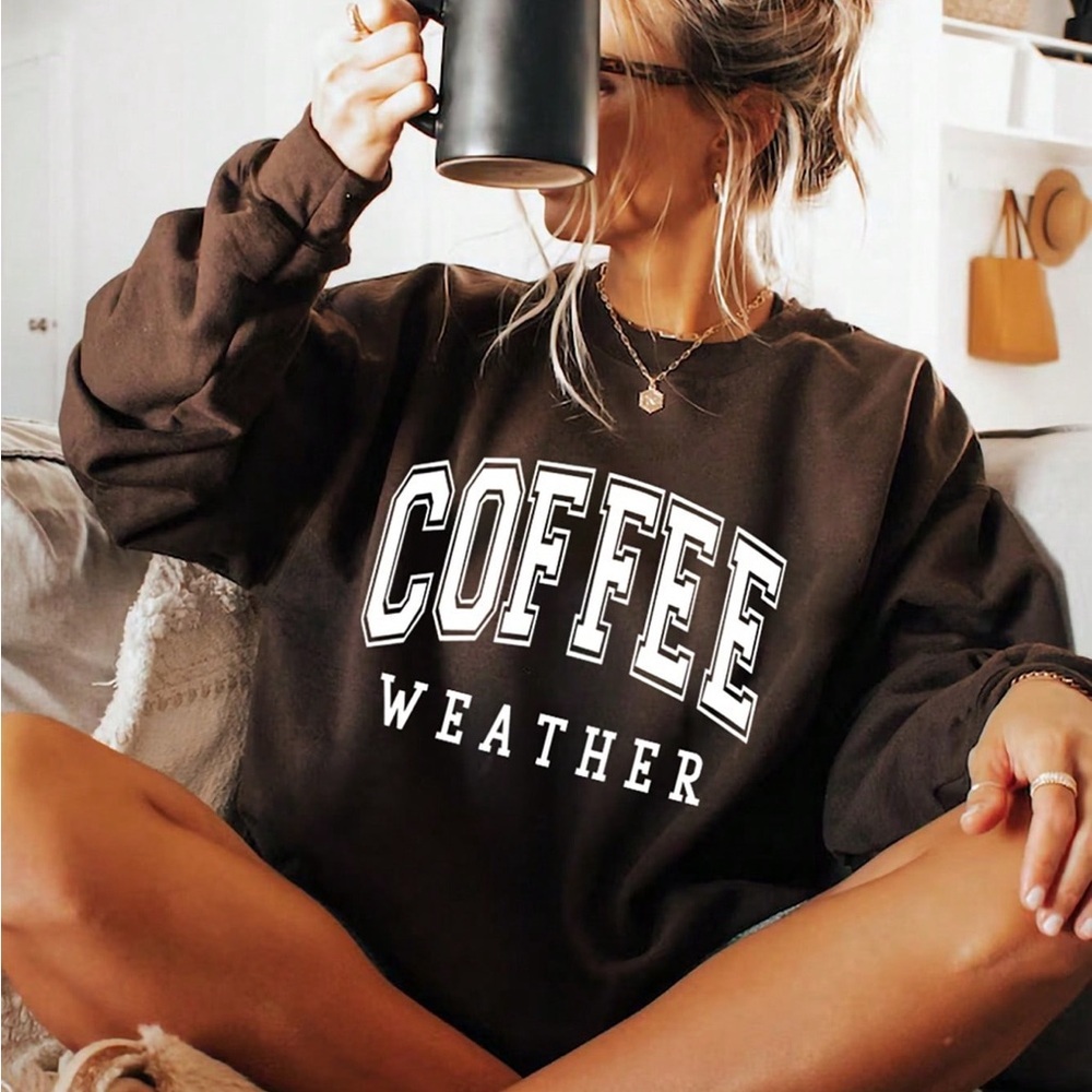 Coffee weather oversized Letter Printed Round Neck Long Sleeve Pullover Swe…